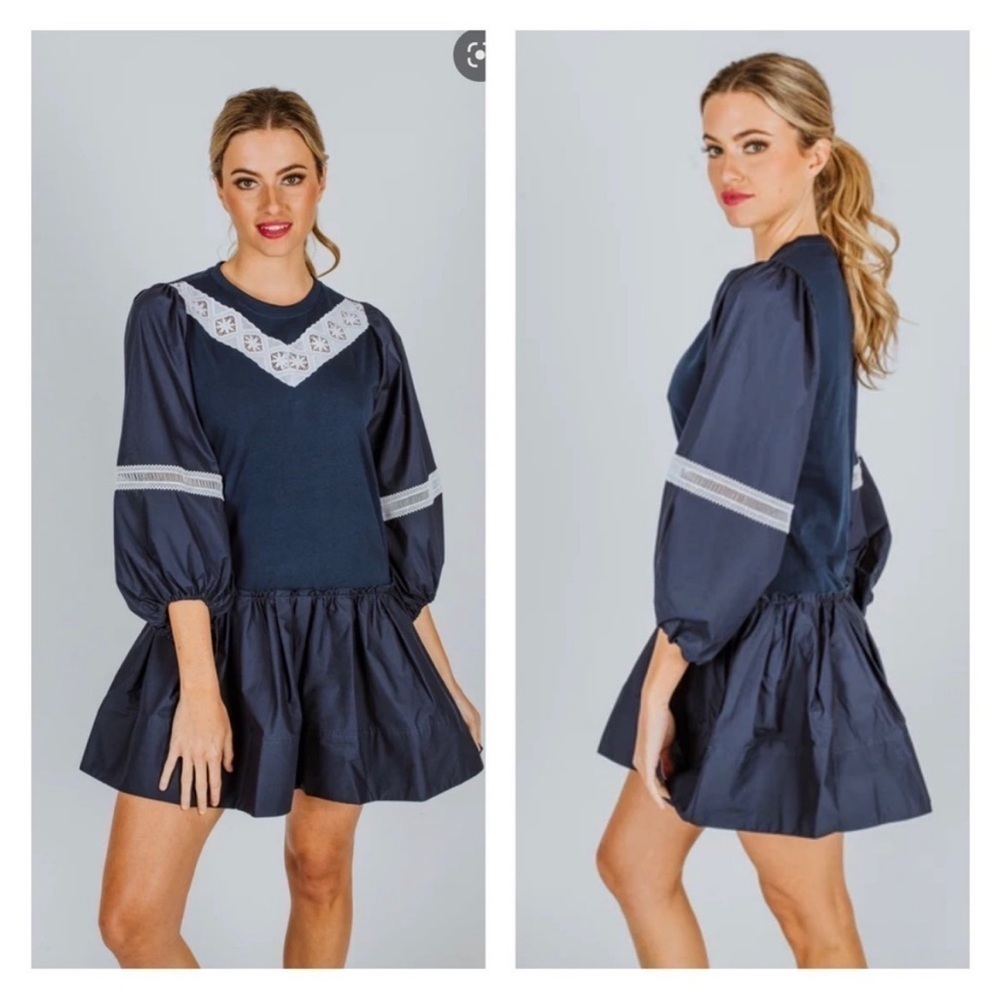 Tanya Taylor Kristie Mini Dress in Navy Blue and White Lace Poplin Sz M NEW